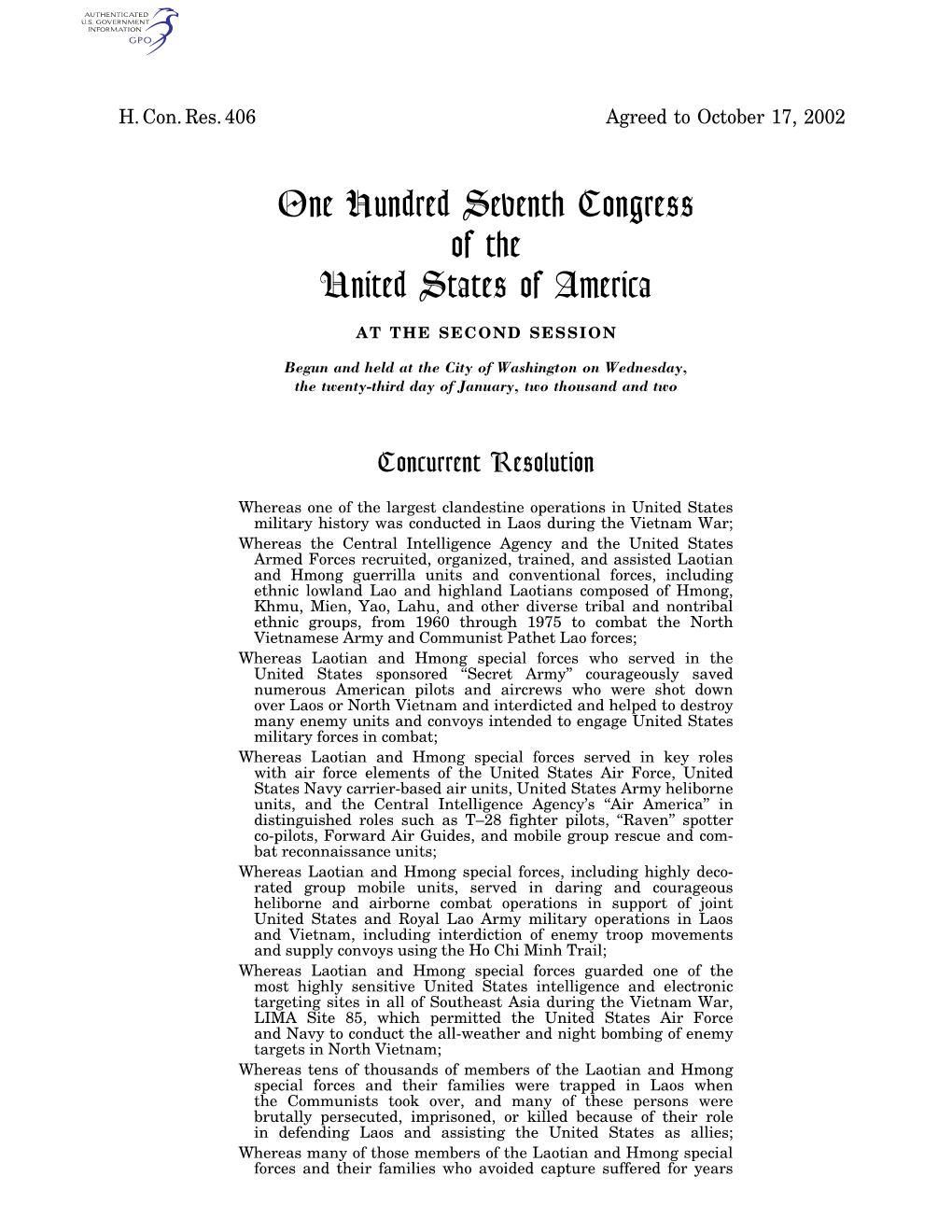 One Hundred Seventh Congress of the United States of America