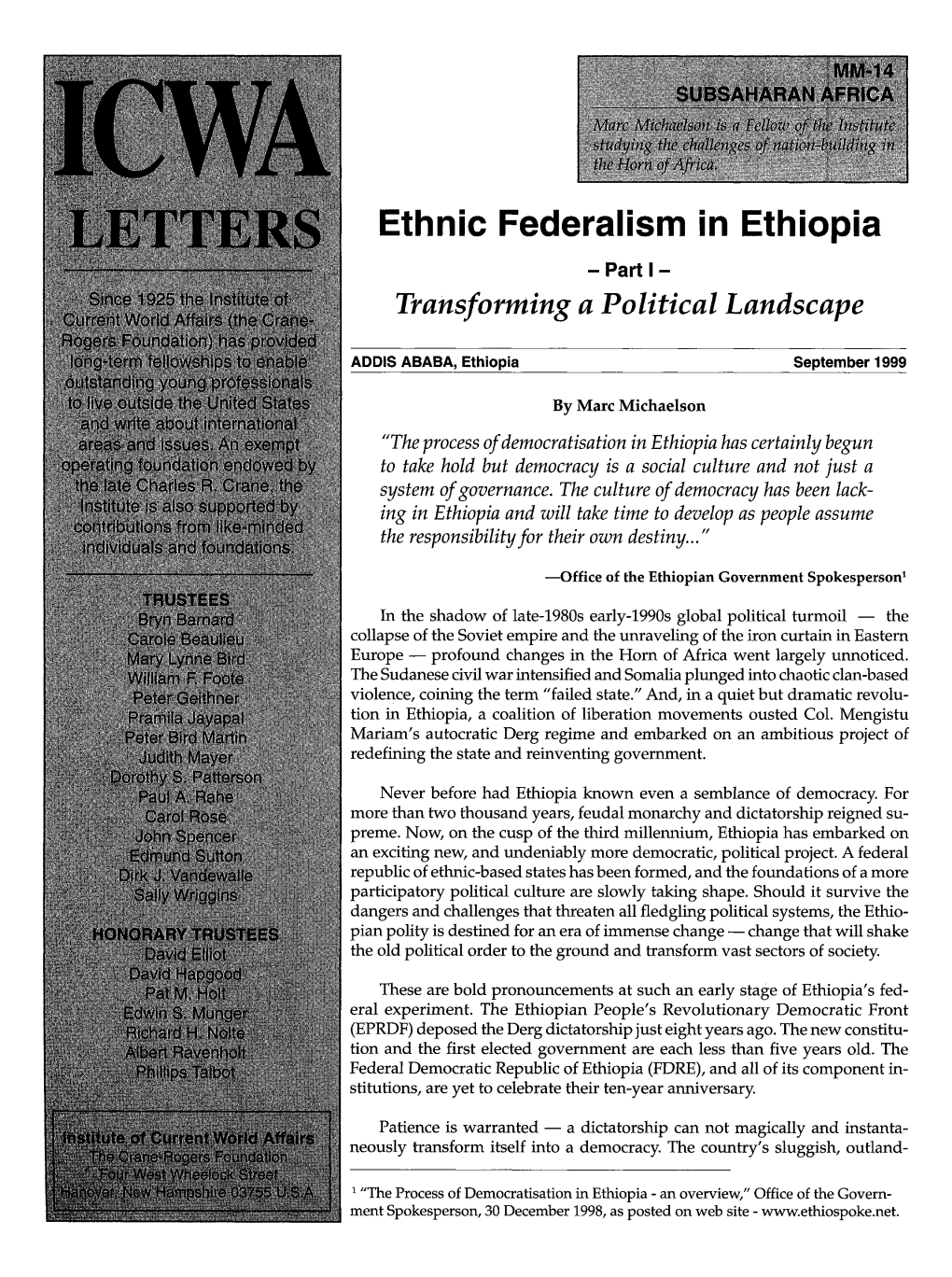 Ethnic Federalism in Ethiopia: Part 1=Transforming a Political Landscape