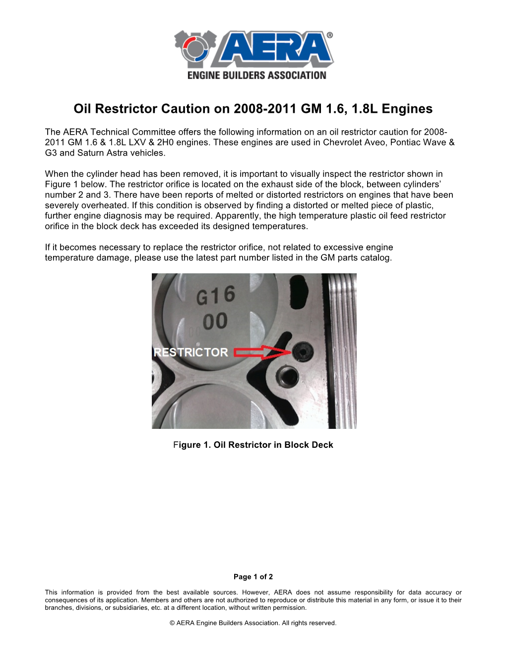 Oil Restrictor Caution on 2008-2011 GM 1.6, 1.8L Engines