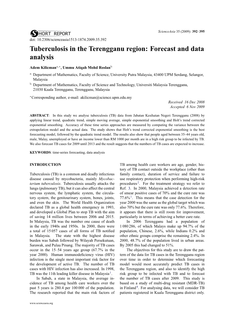 Tuberculosis in the Terengganu Region: Forecast and Data Analysis
