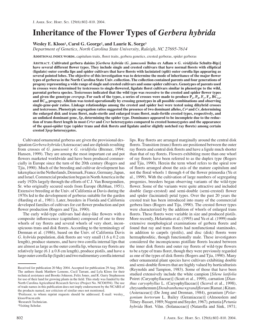 Inheritance of the Flower Types of Gerbera Hybrida