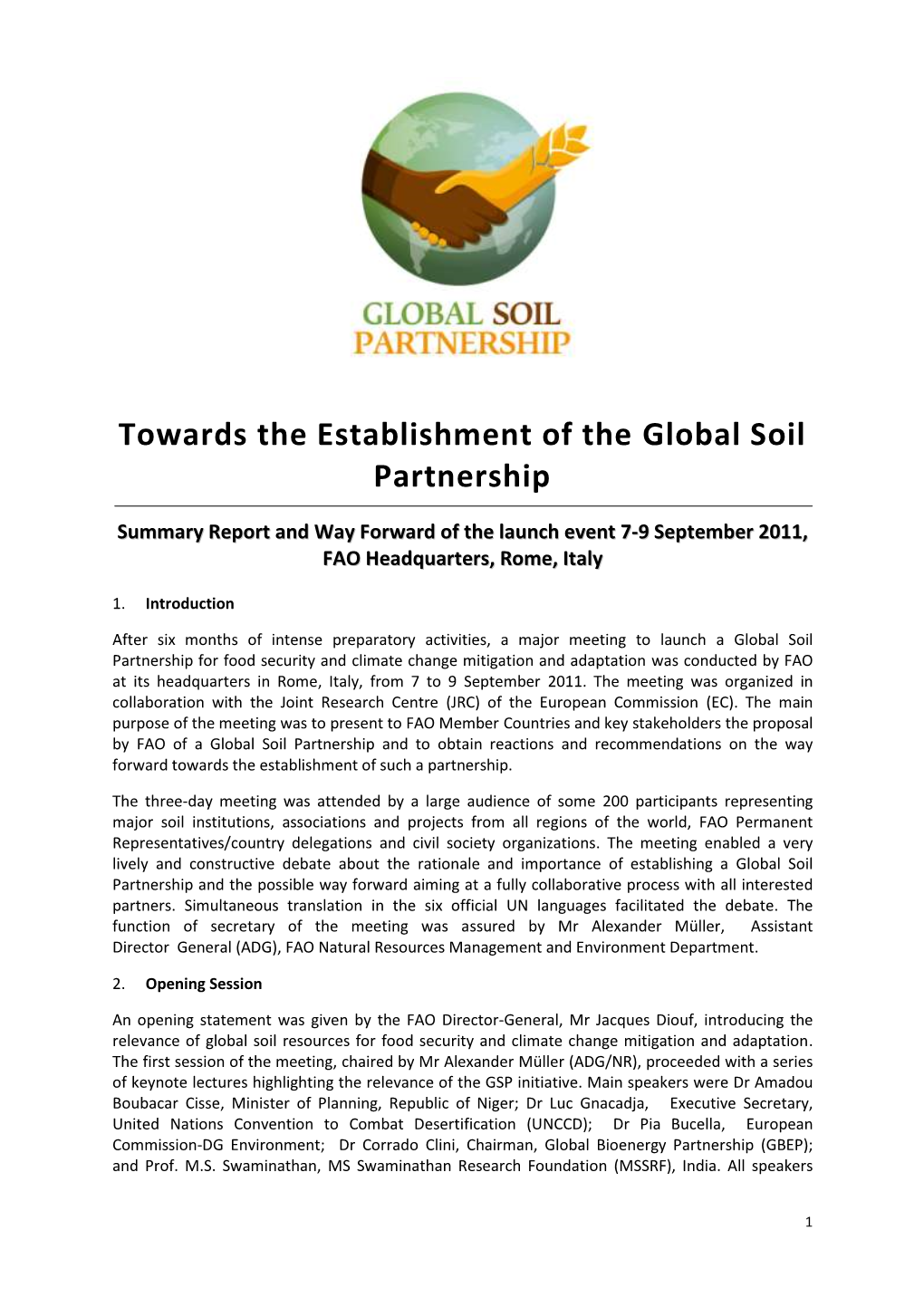 Towards the Establishment of the Global Soil Partnership