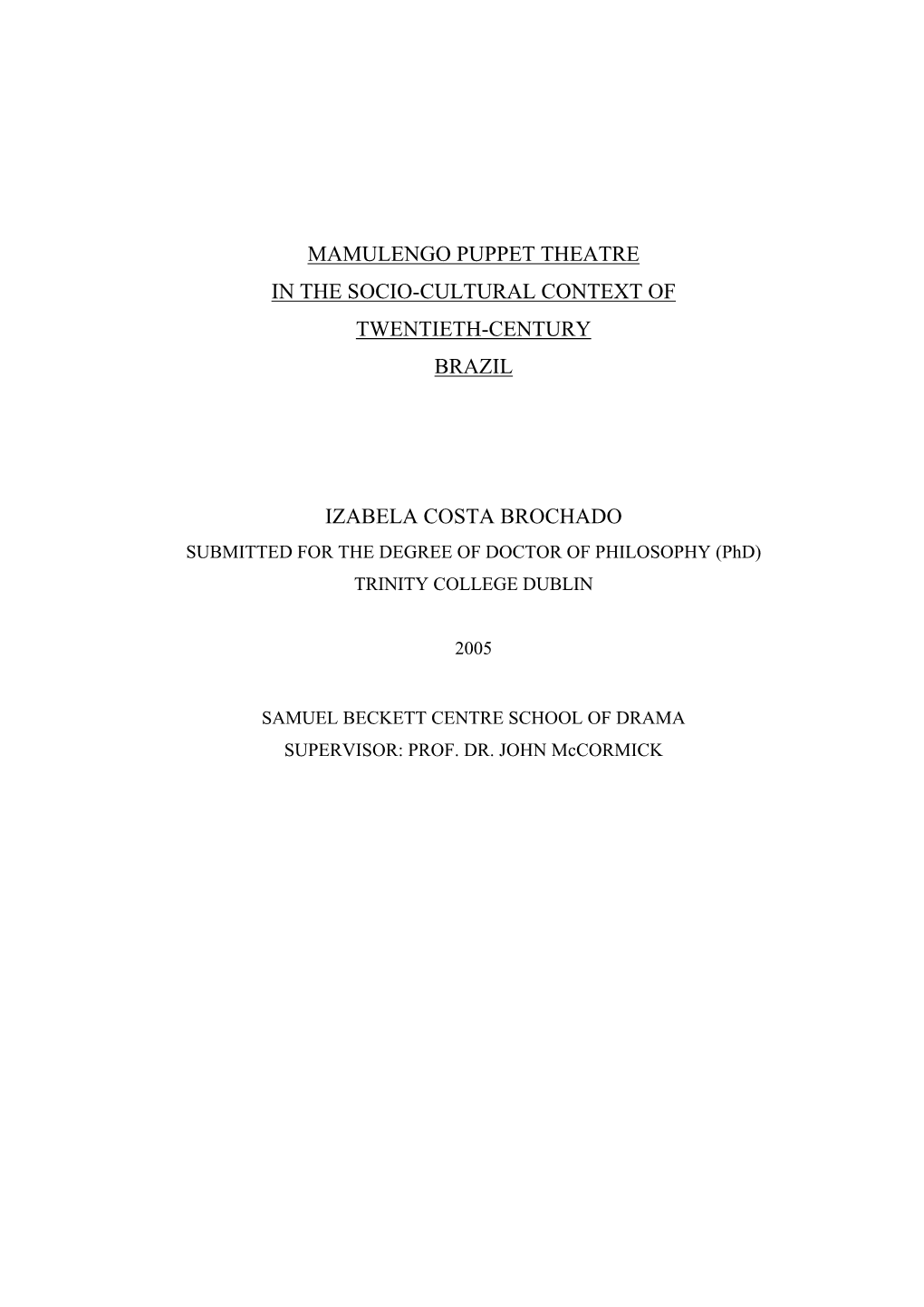 Mamulengo Puppet Theatre in the Socio-Cultural Context of Twentieth-Century Brazil