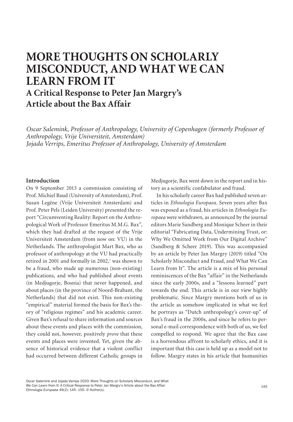 THOUGHTS on SCHOLARLY MISCONDUCT, and WHAT WE CAN LEARN from IT a Critical Response to Peter Jan Margry’S Article About the Bax Affair