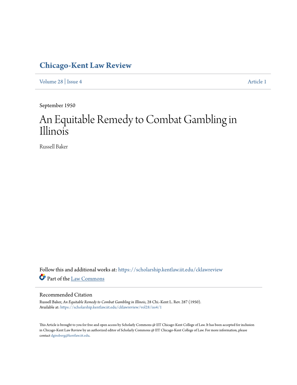 An Equitable Remedy to Combat Gambling in Illinois Russell Baker
