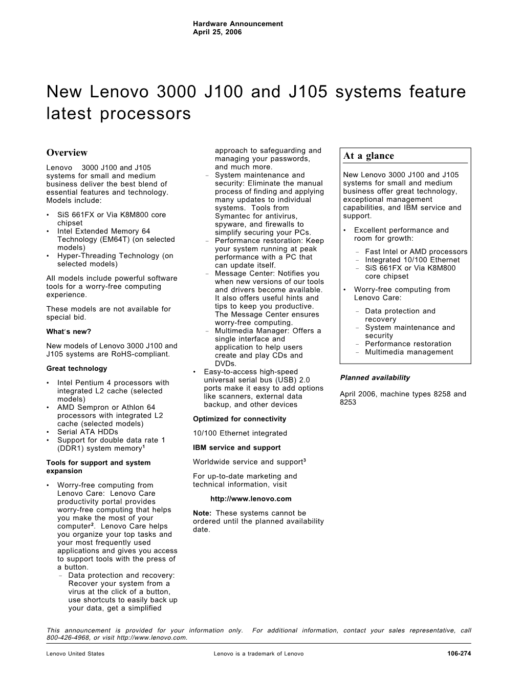 New Lenovo 3000 J100 and J105 Systems Feature Latest Processors