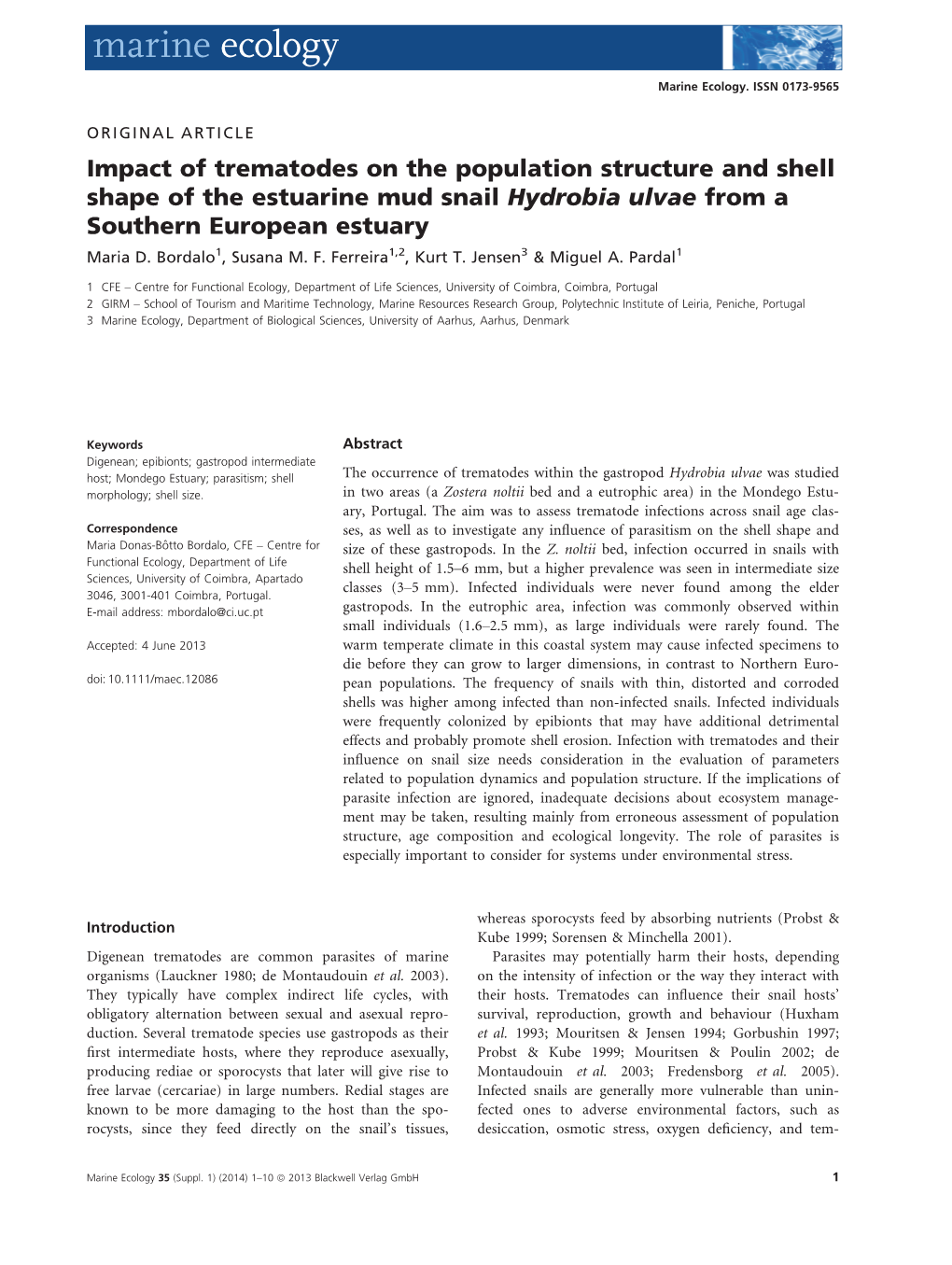 Impact of Trematodes on the Population Structure and Shell Shape of the Estuarine Mud Snail Hydrobia Ulvae from a Southern European Estuary