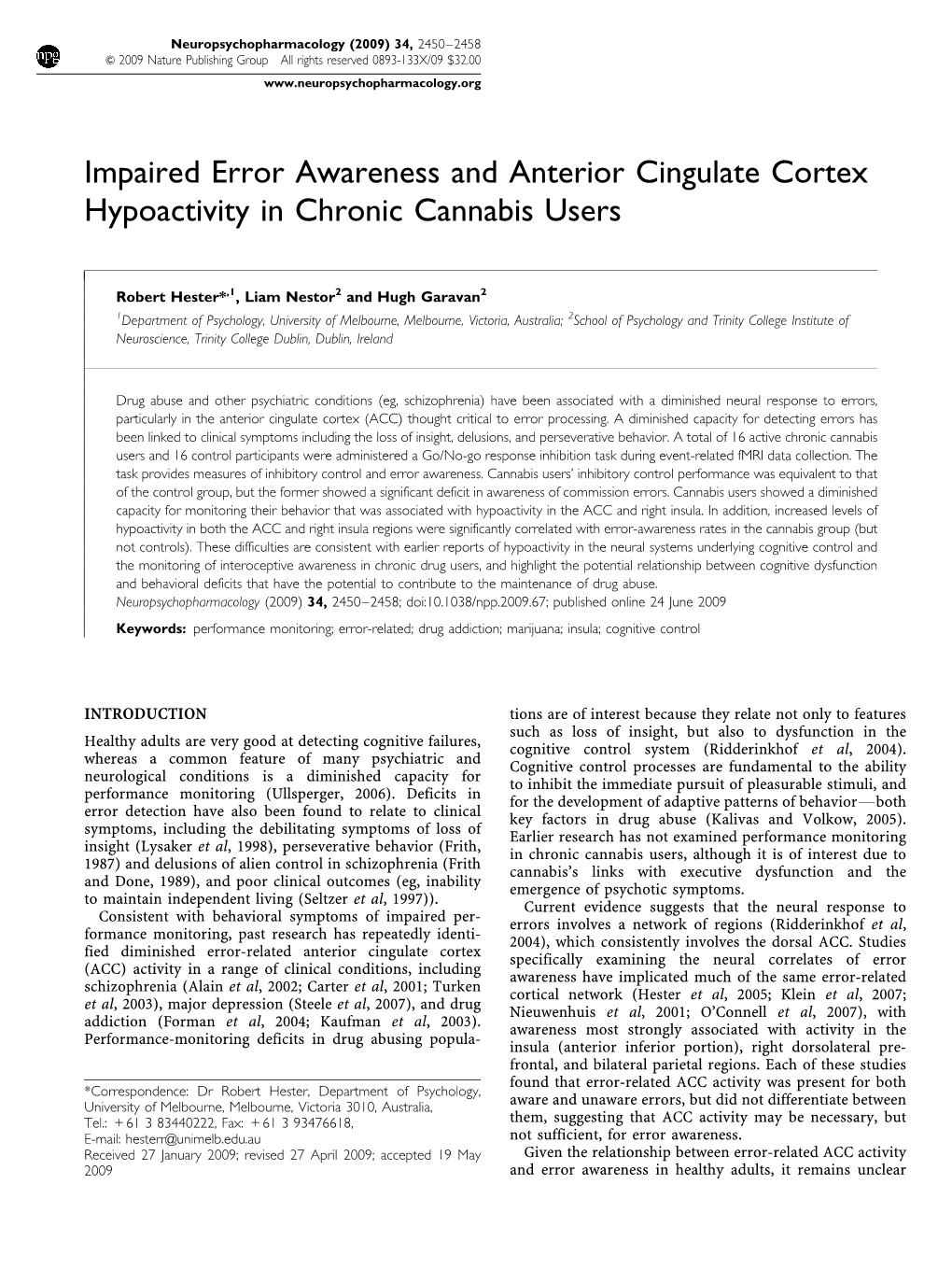 Impaired Error Awareness and Anterior Cingulate Cortex Hypoactivity in Chronic Cannabis Users