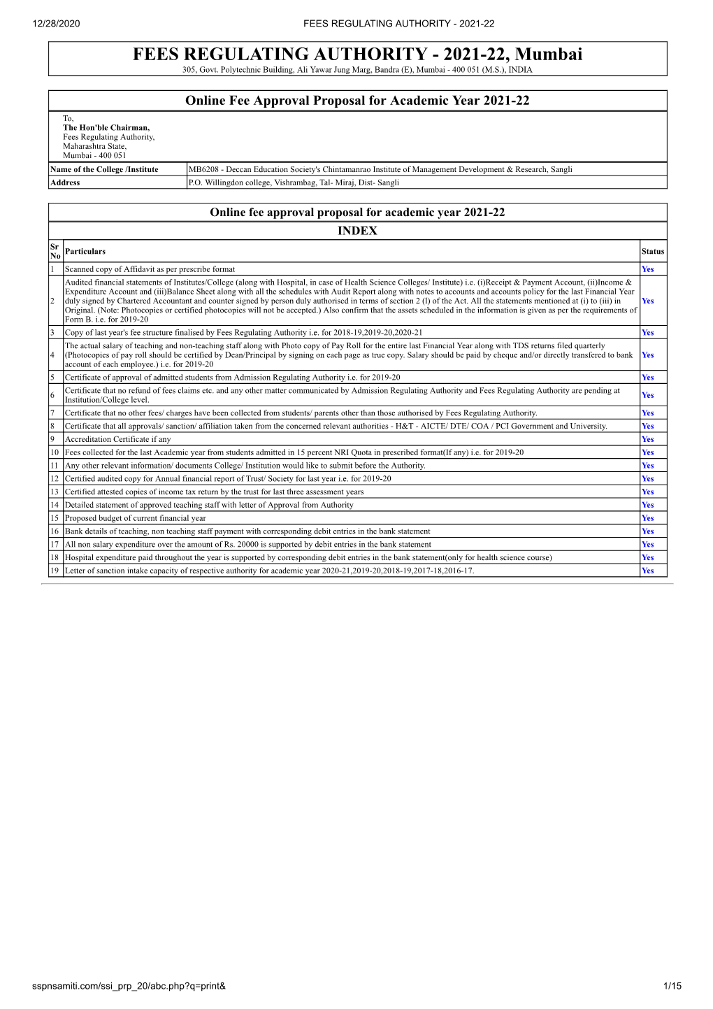 FEES REGULATING AUTHORITY - 2021-22 FEES REGULATING AUTHORITY - 2021-22, Mumbai 305, Govt