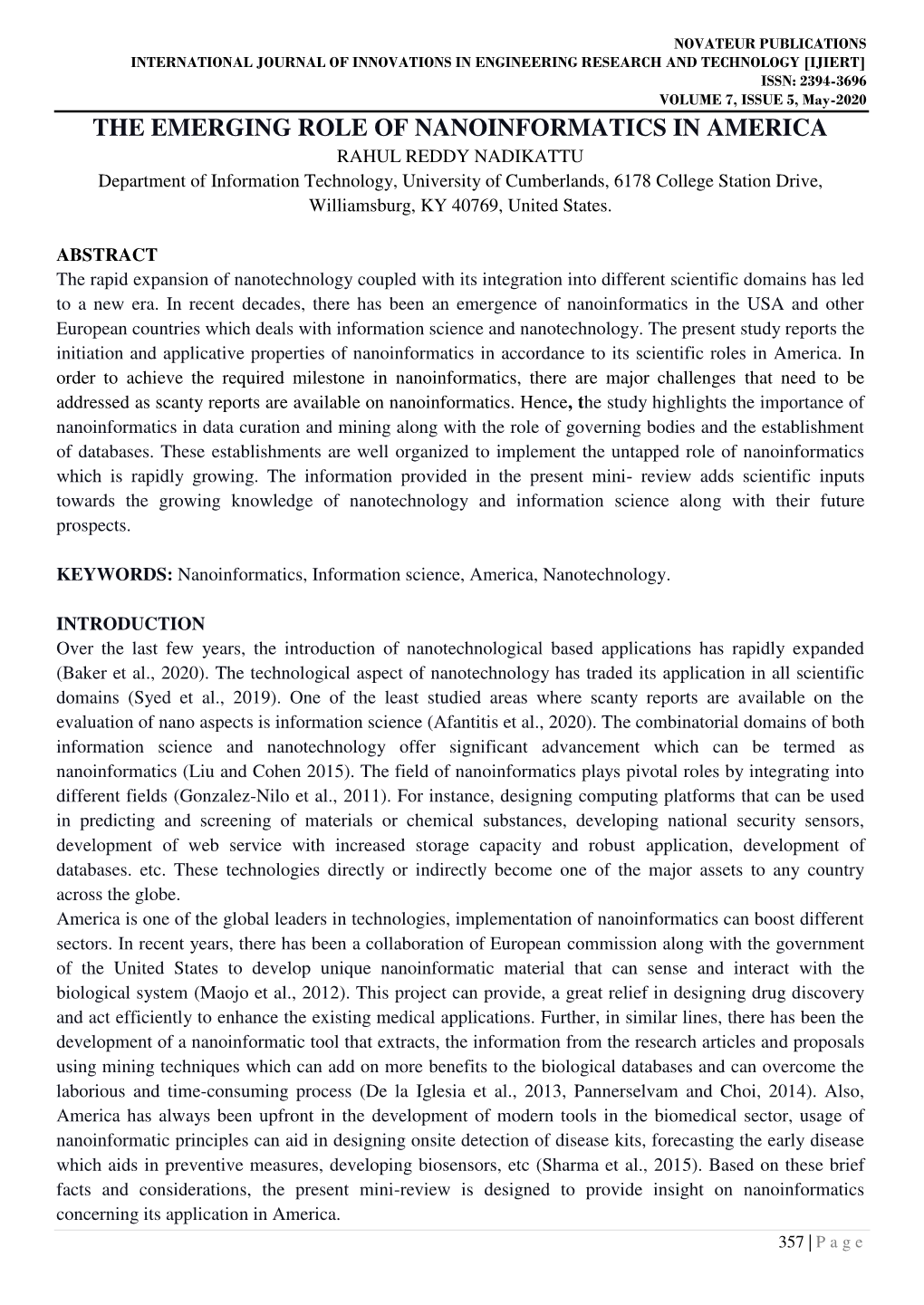 The Emerging Role of Nanoinformatics in America