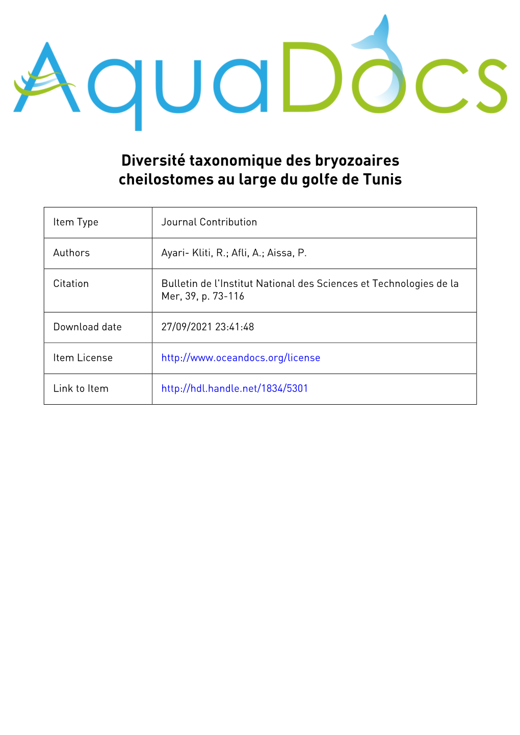 Diversite Taxonomique Des Bryozoaires Cheilostomes Au Large Du Golfe De Tunis