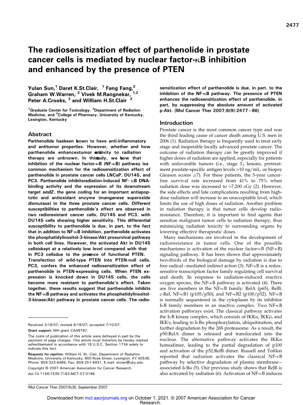 The Radiosensitization Effect of Parthenolide in Prostate Cancer Cells Is Mediated by Nuclear Factor-KB Inhibition and Enhanced by the Presence of PTEN