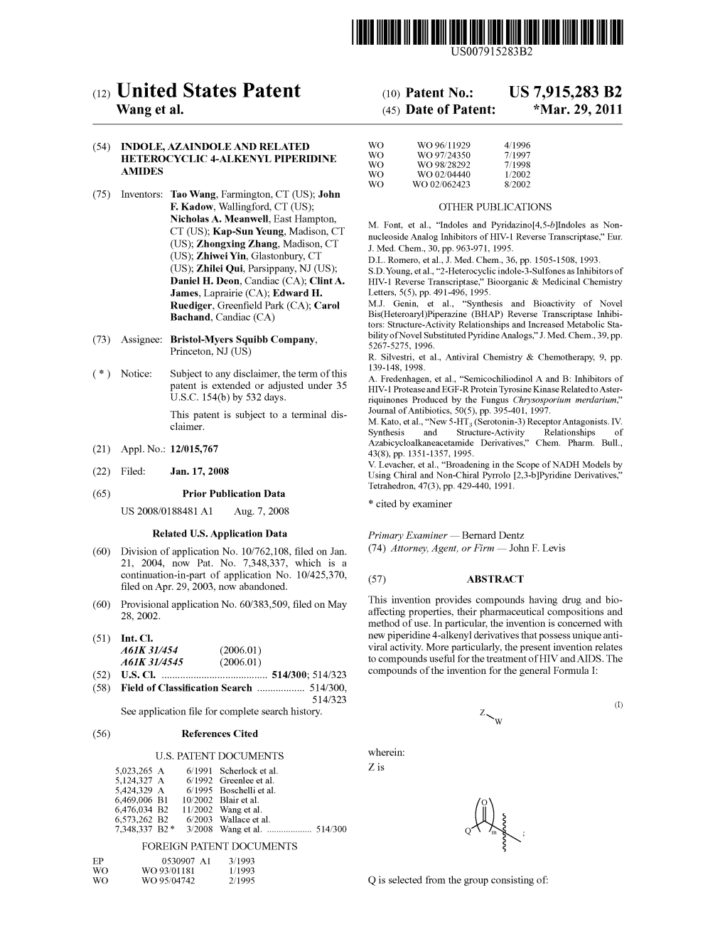 (12) United States Patent (10) Patent No.: US 7,915,283 B2 Wang Et Al