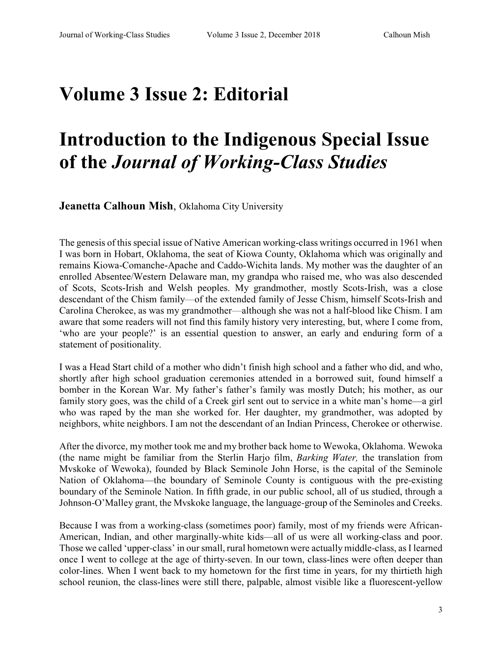 Editorial Introduction to the Indigenous Special Issue of the Journal Of