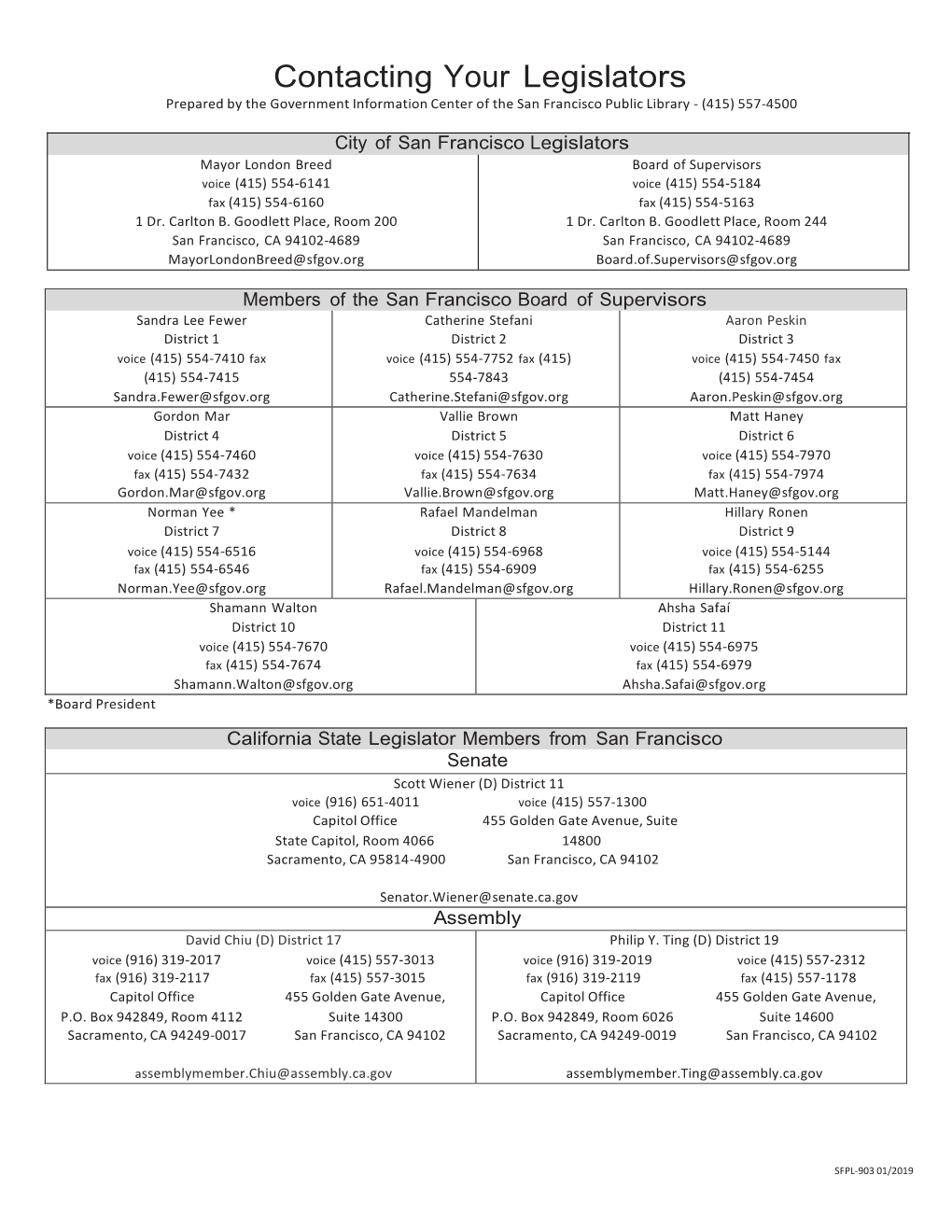 Contacting Your Legislators Prepared by the Government Information Center of the San Francisco Public Library - (415) 557-4500