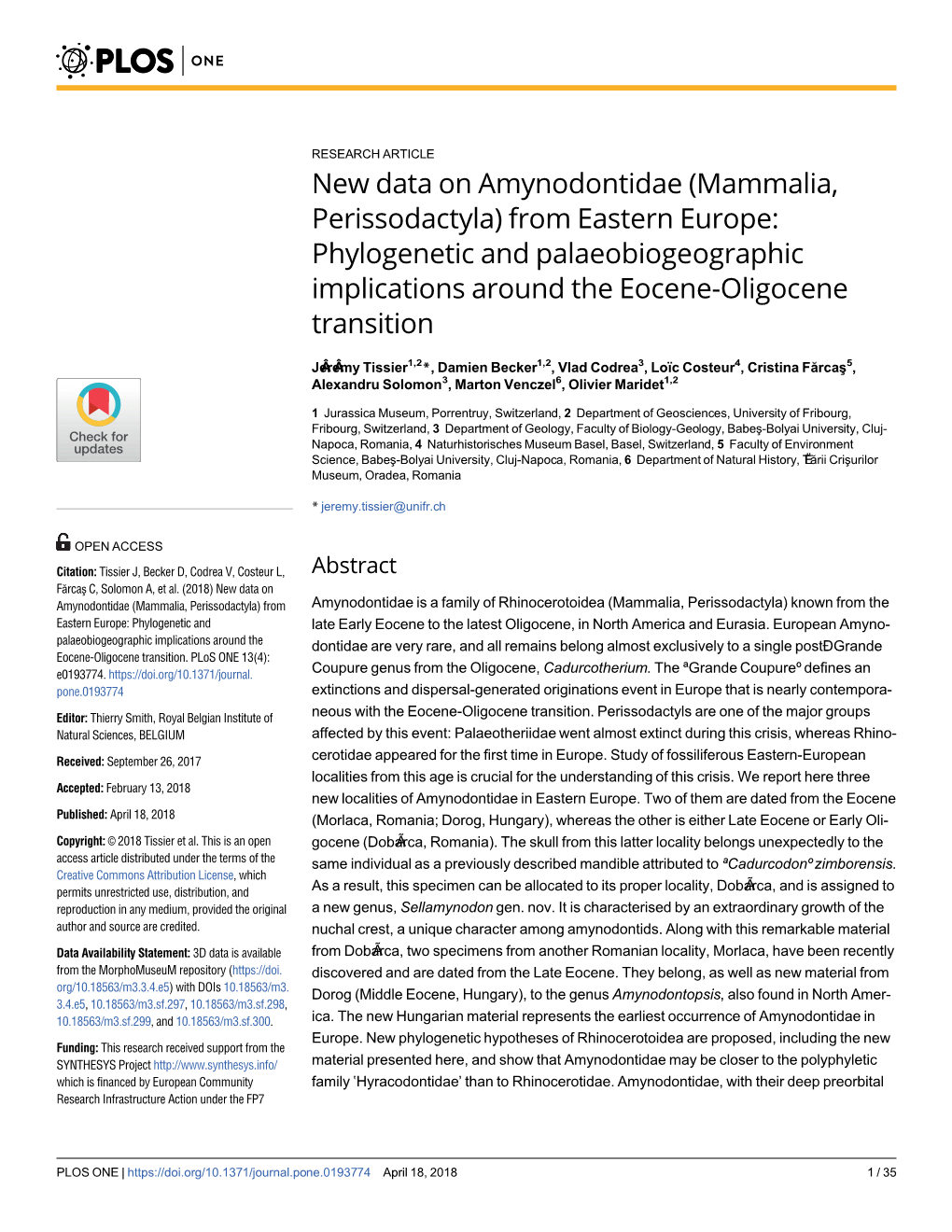 New Data on Amynodontidae (Mammalia, Perissodactyla) from Eastern Europe: Phylogenetic and Palaeobiogeographic Implications Around the Eocene-Oligocene Transition
