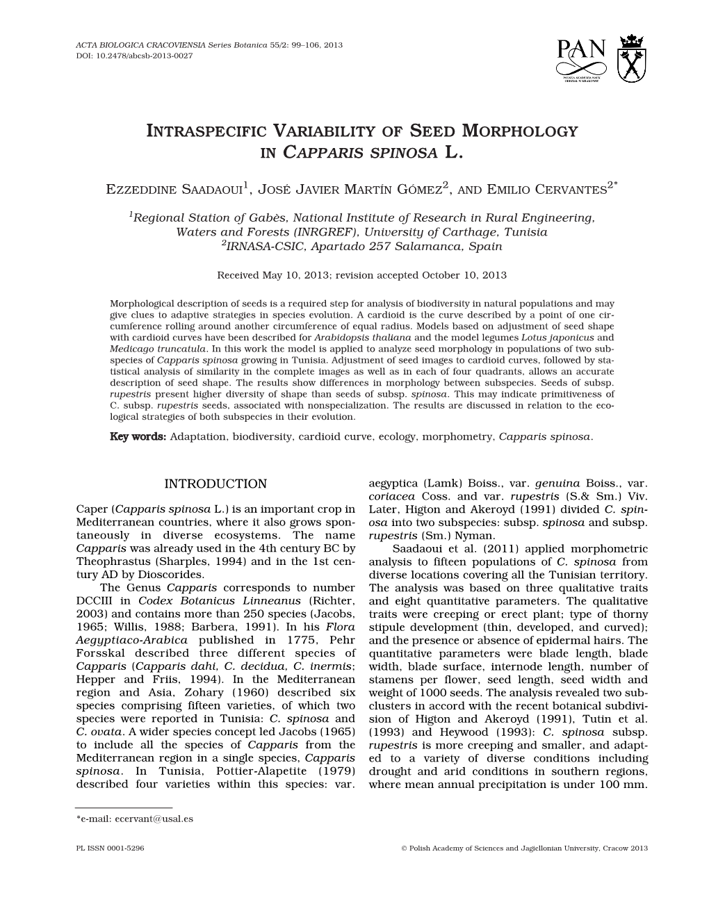 Intraspecific Variability of Seed Morphology in Capparis Spinosa L