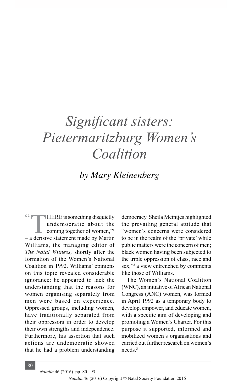 Significant Sisters: Pietermaritzburg Women's Coalition