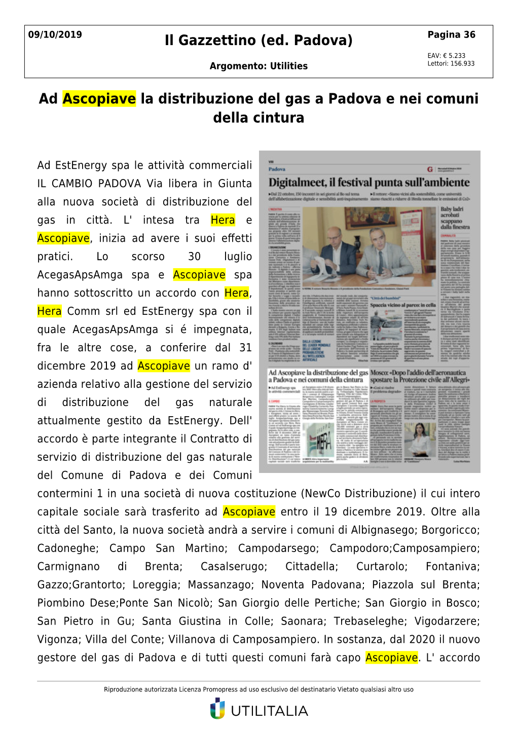 Ad Ascopiave La Distribuzione Del Gas a Padova E Nei Comuni Della Cintura