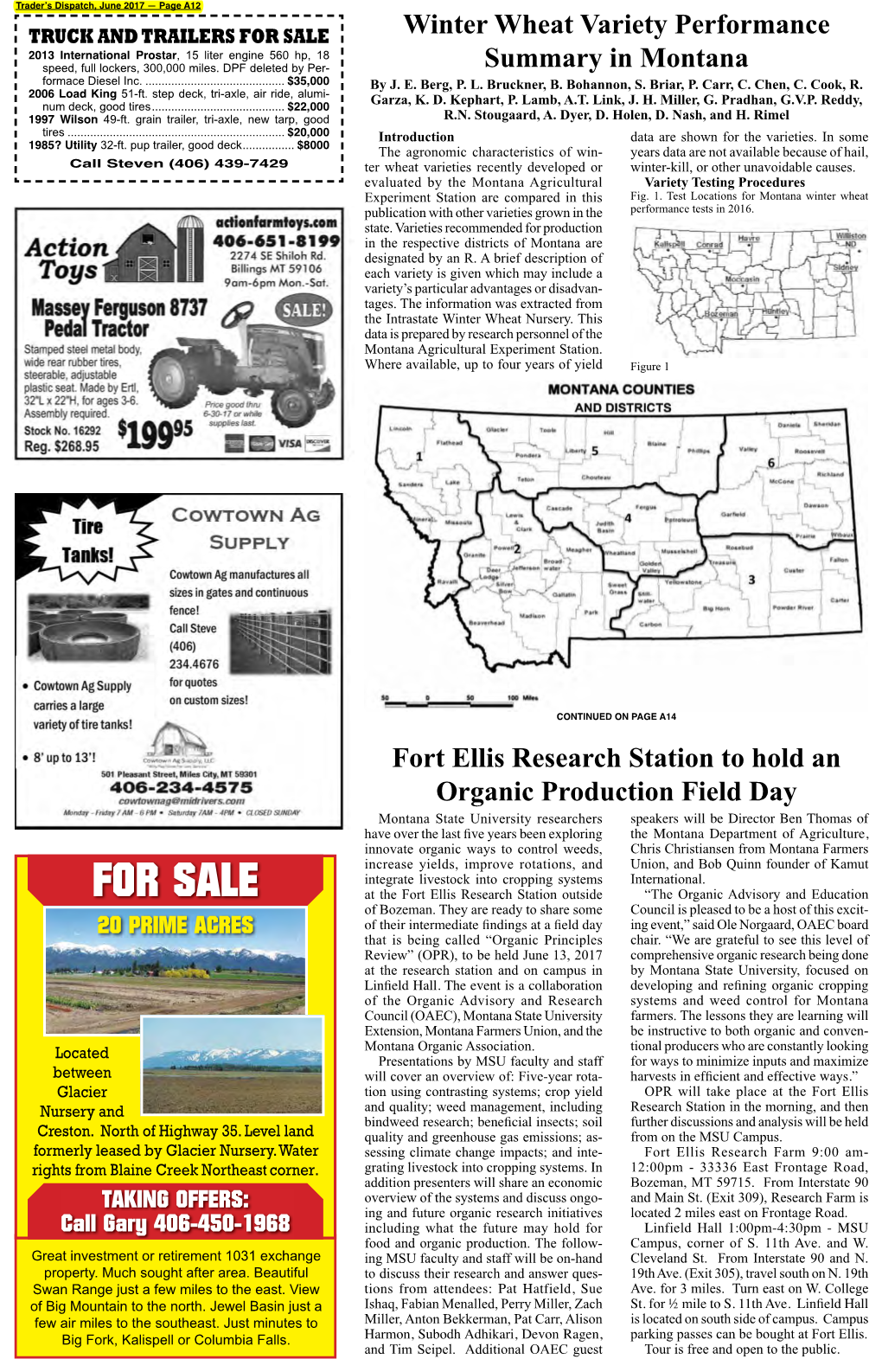 Winter Wheat Variety Performance Summary in Montana ~WANTED~ CONTINUED from PAGE A12 All Types of Hay to Bale on Shares