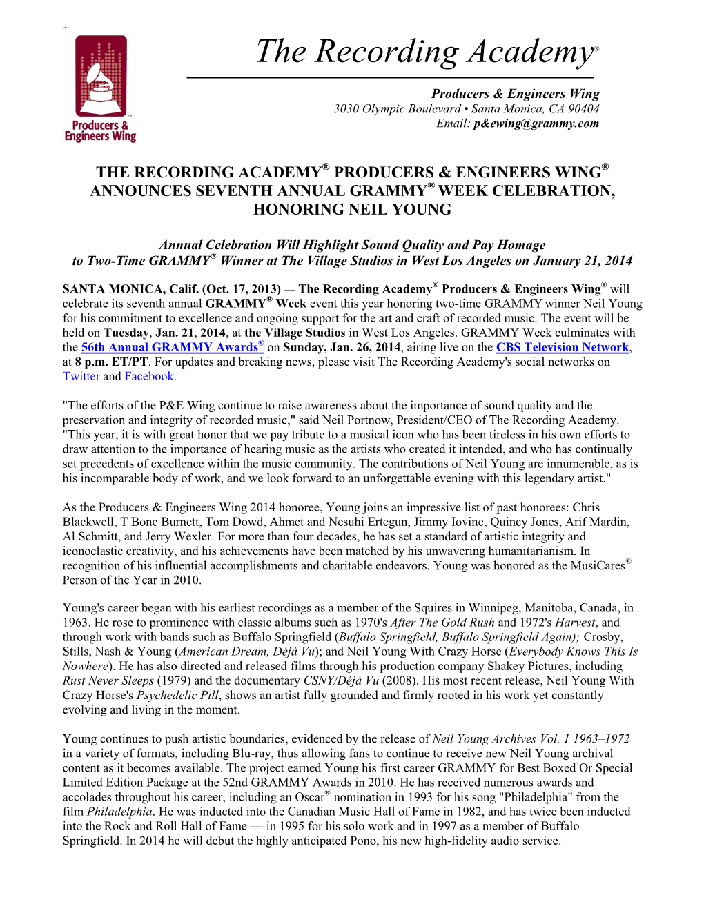 The Recording Academy® Producers & Engineers Wing® Announces Seventh Annual Grammy® Week Celebration, Honoring Neil Young