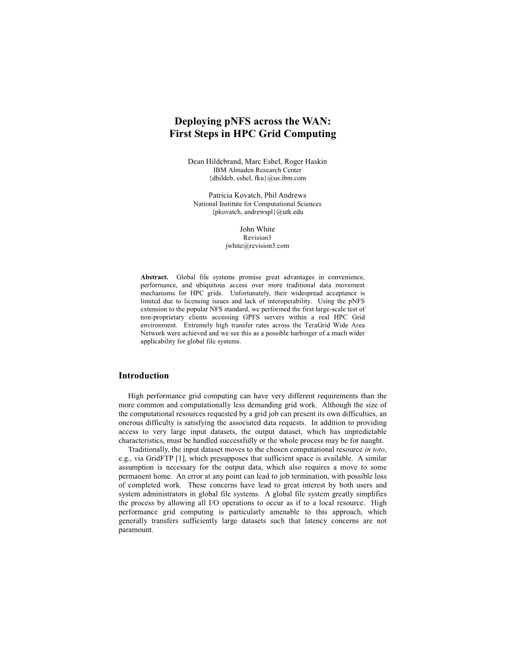 Deploying Pnfs Across the WAN: First Steps in HPC Grid Computing