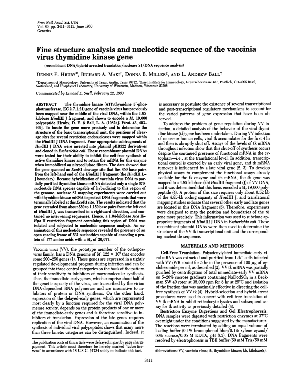 Fine Structure Analysis and Nucleotide Sequenceof the Vaccinia Virus