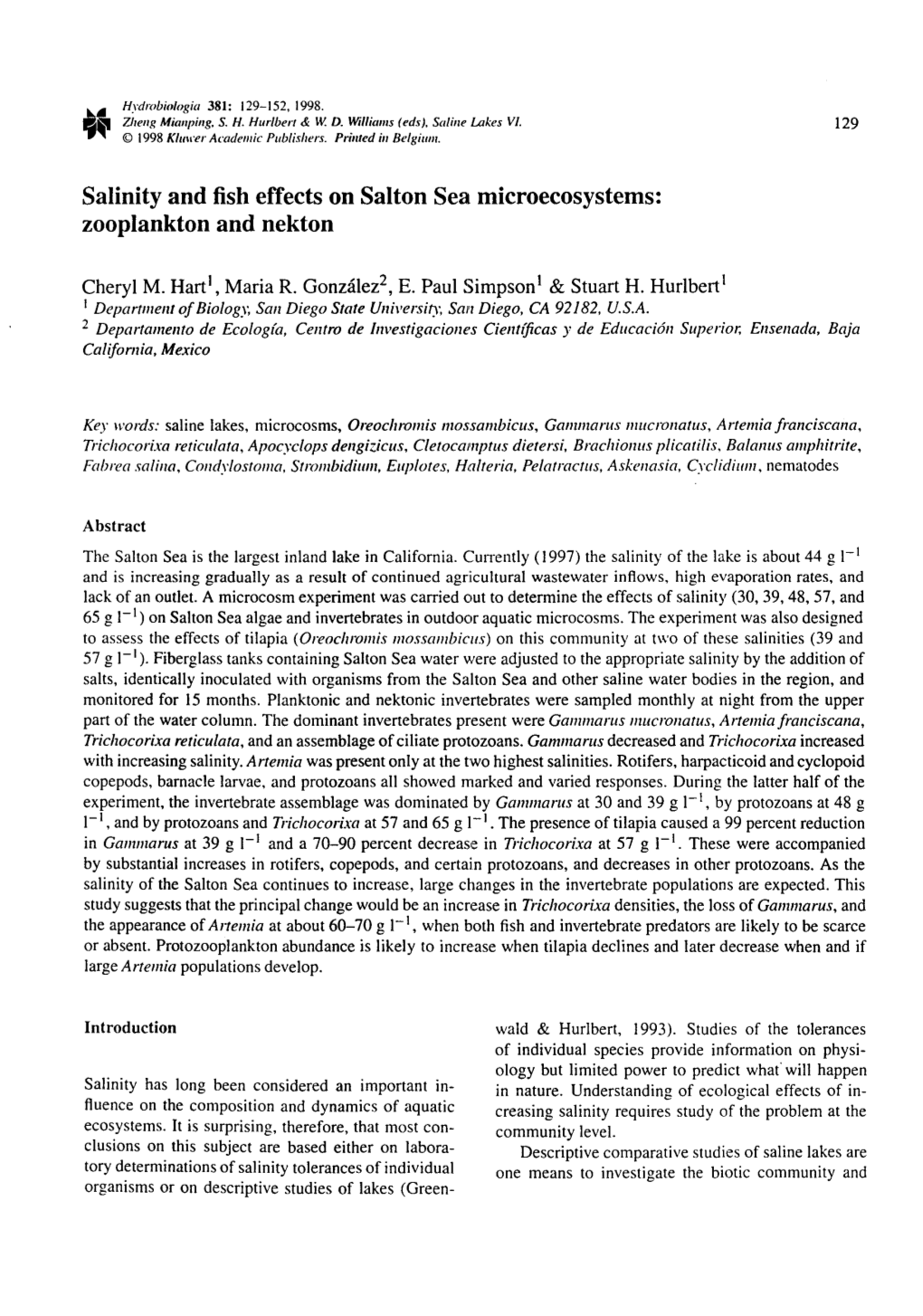 Salinity and Fish Effects on Salton Sea Microecosystems : Zooplankton and Nekton