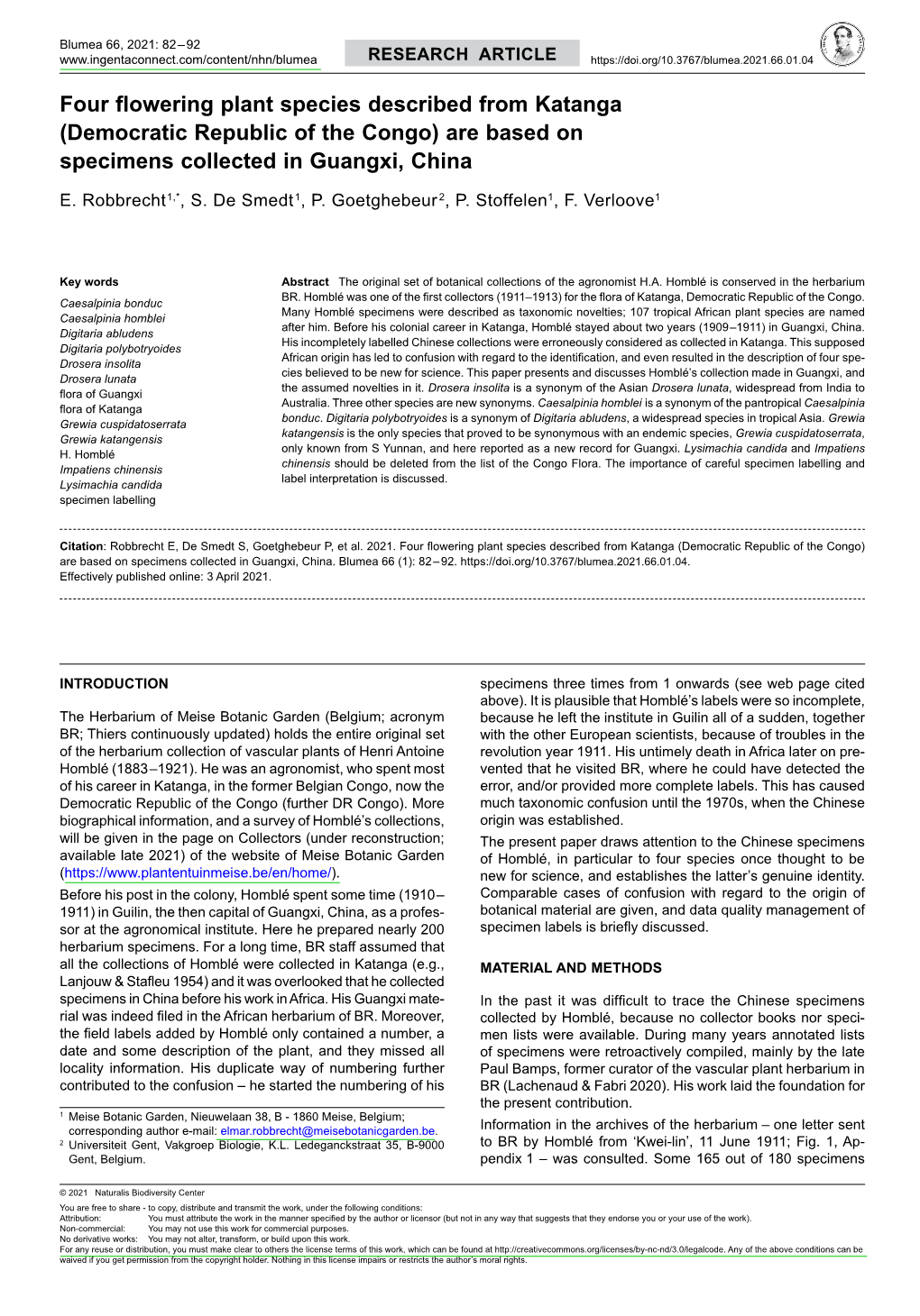 Four Flowering Plant Species Described from Katanga (Democratic Republic of the Congo) Are Based on Specimens Collected in Guangxi, China