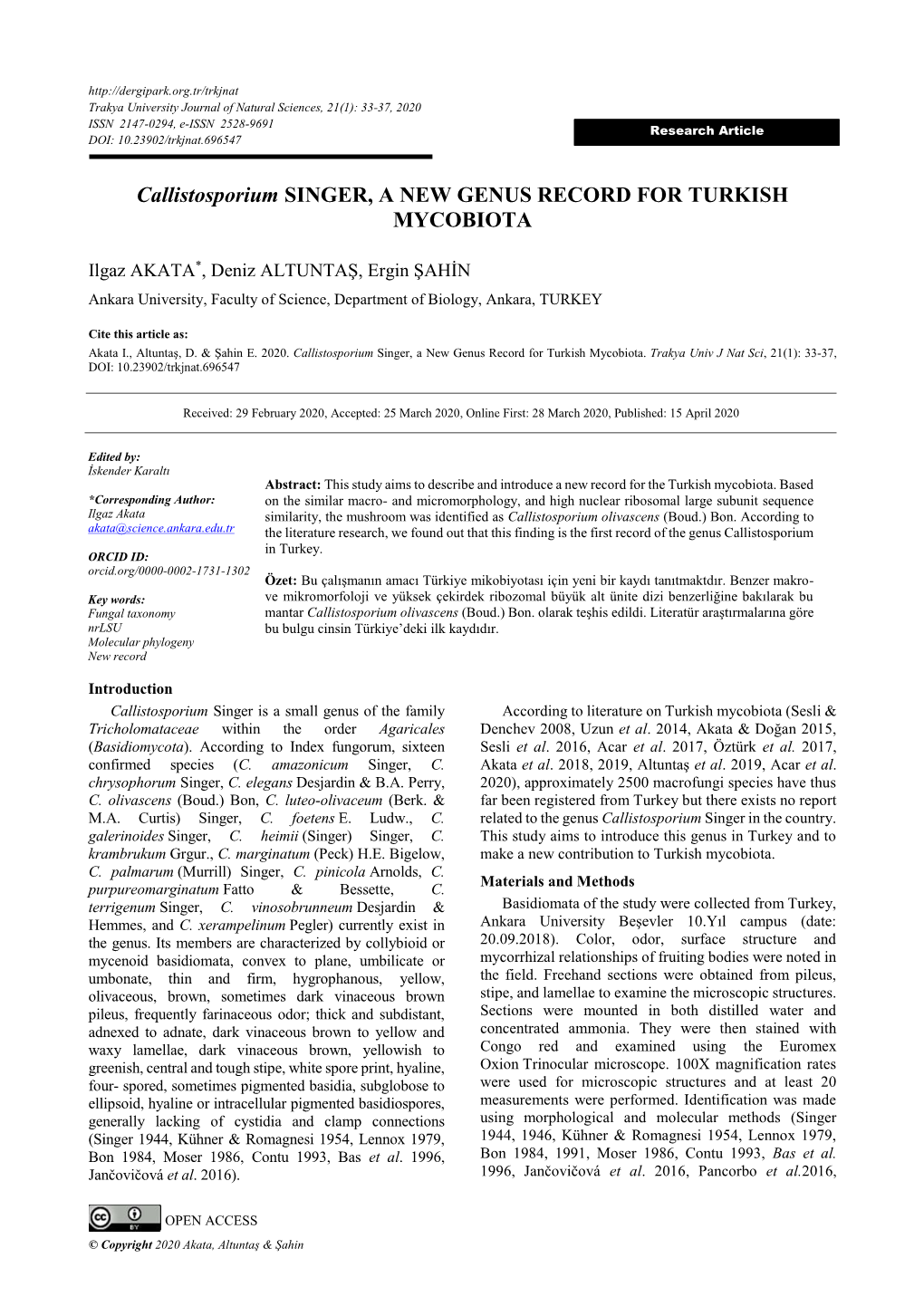 Callistosporium SINGER, a NEW GENUS RECORD for TURKISH MYCOBIOTA