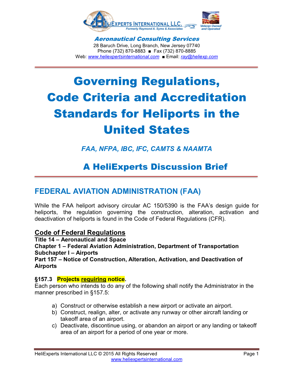 Governing Regulations, Code Criteria and Accreditation Standards for Heliports in the United States