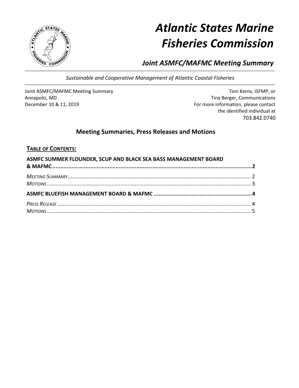 Joint ASMFC/MAFMC Meeting Summary