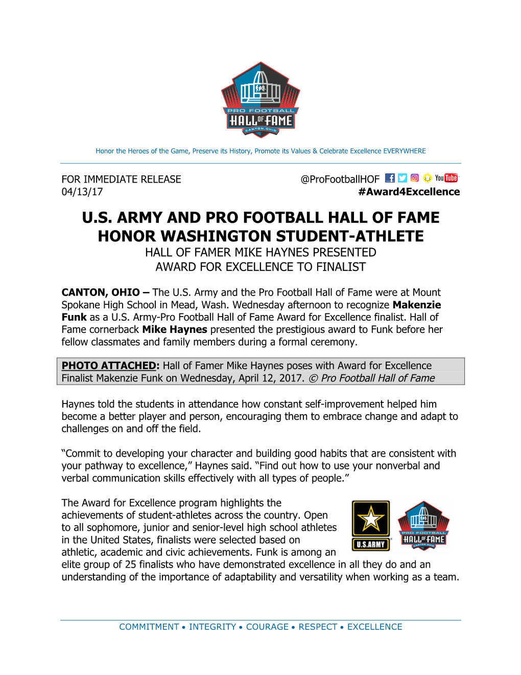 U.S. Army and Pro Football Hall of Fame Honor Washington Student-Athlete Hall of Famer Mike Haynes Presented Award for Excellence to Finalist