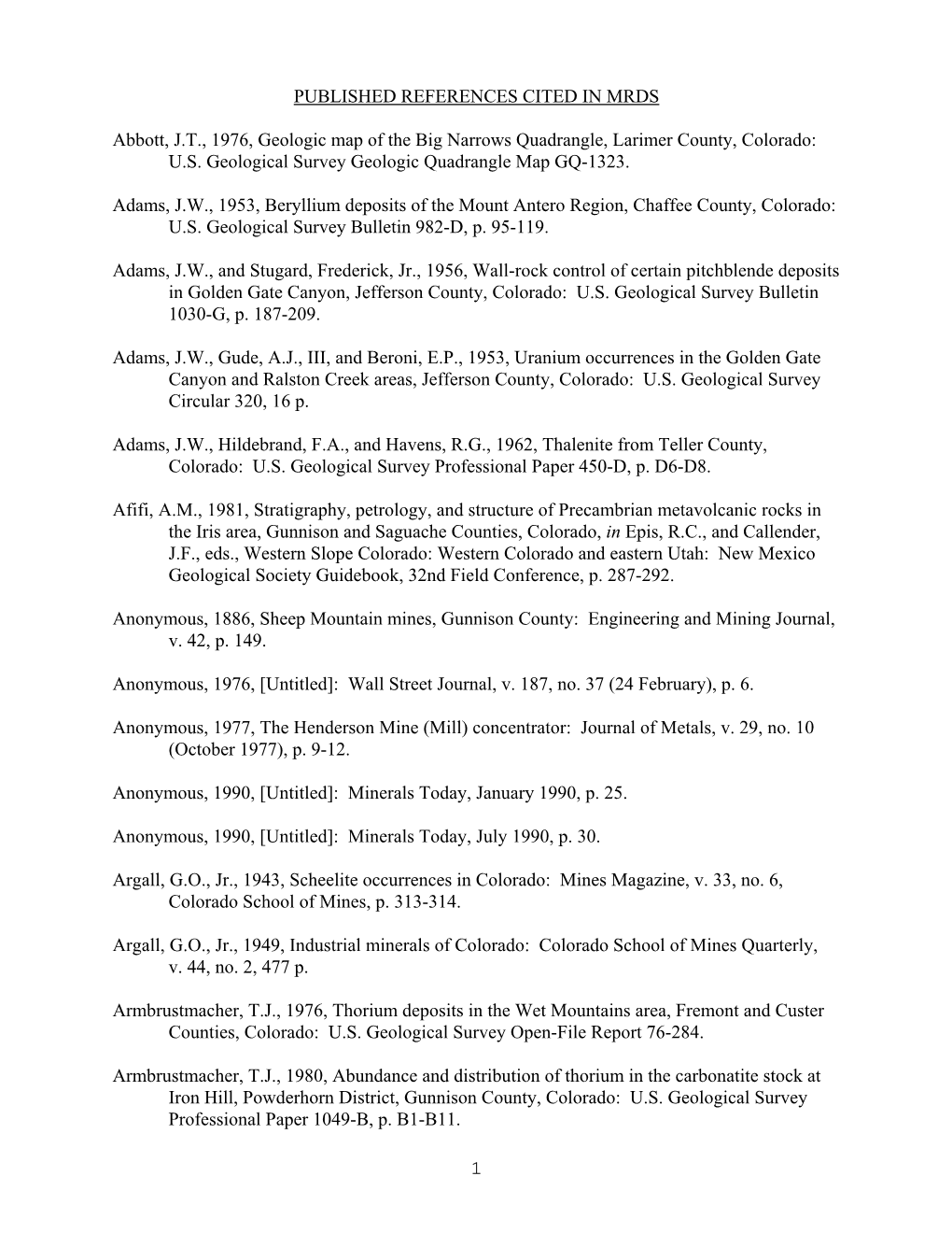 Published References Cited in Mrds