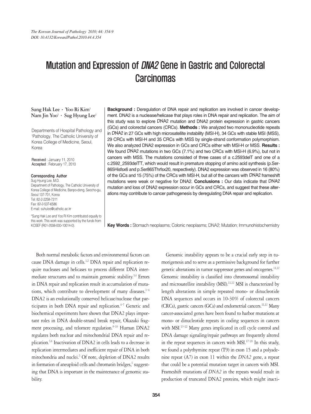 Mutation and Expression of DNA2 Gene in Gastric and Colorectal Carcinomas