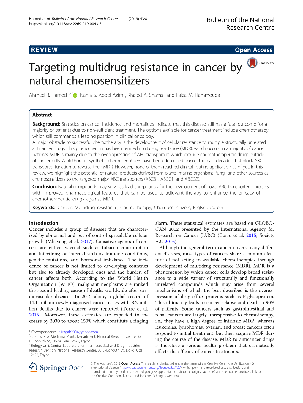 Targeting Multidrug Resistance in Cancer by Natural Chemosensitizers Ahmed R