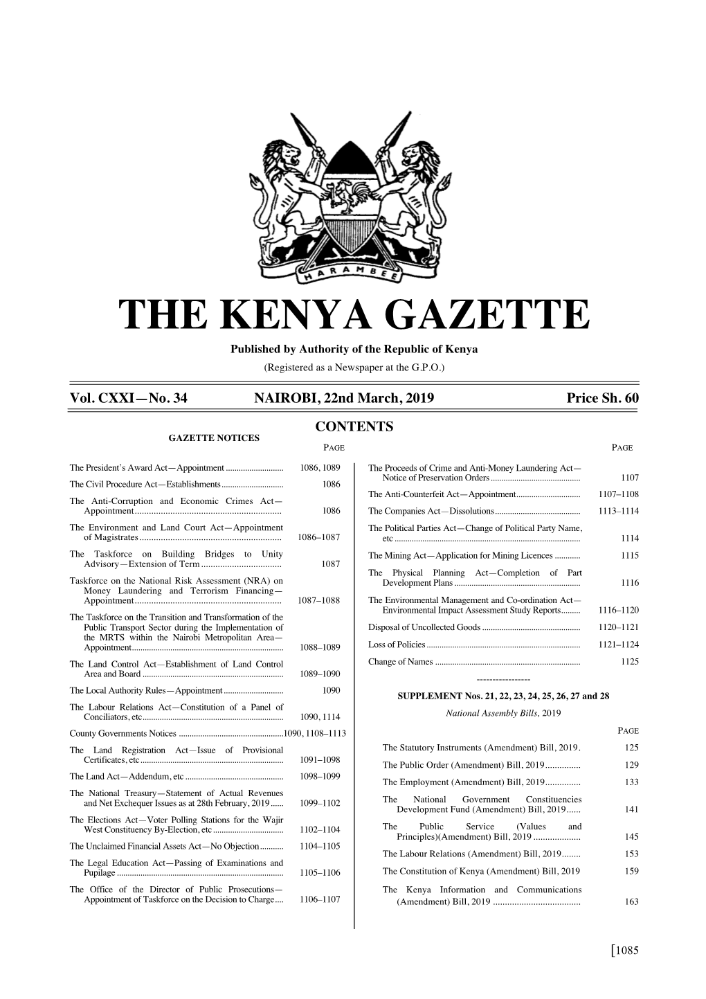 THE KENYA GAZETTE Published by Authority of the Republic of Kenya (Registered As a Newspaper at the G.P.O.)