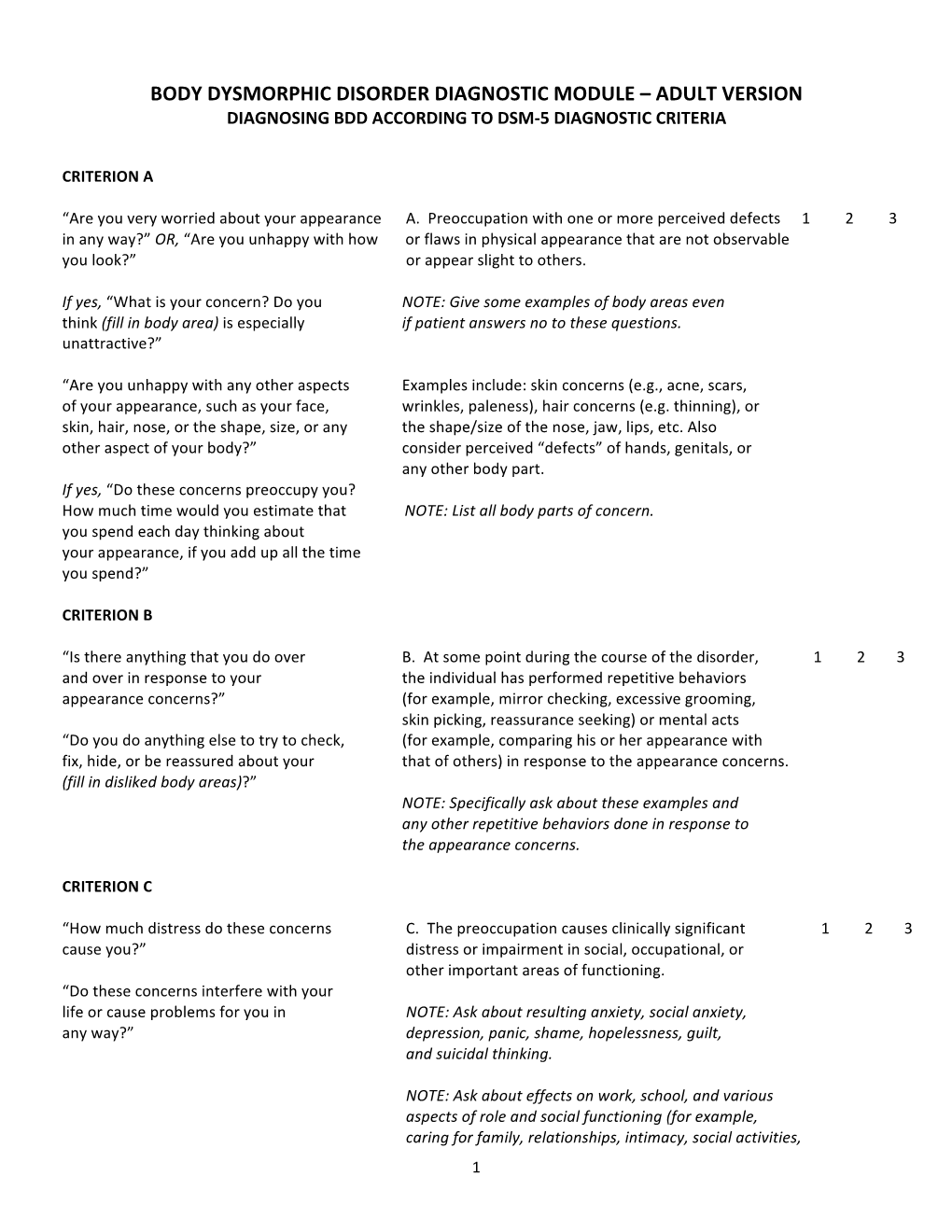 Body Dysmorphic Disorder Diagnostic Module – Adult Version Diagnosing Bdd According to Dsm-5 Diagnostic Criteria