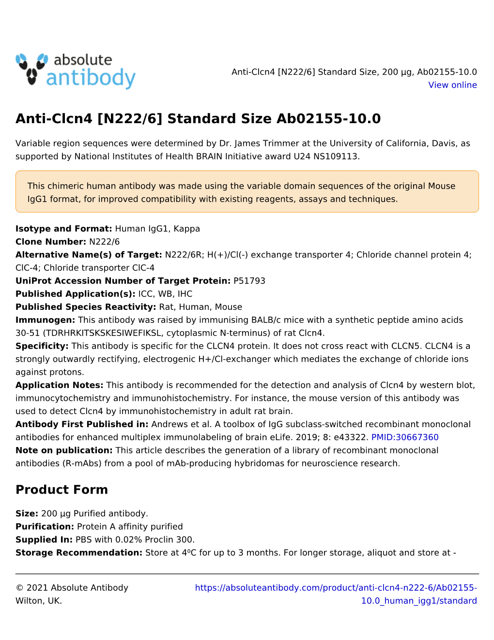 Anti-Clcn4 [N222/6] Standard Size Ab02155-10.0