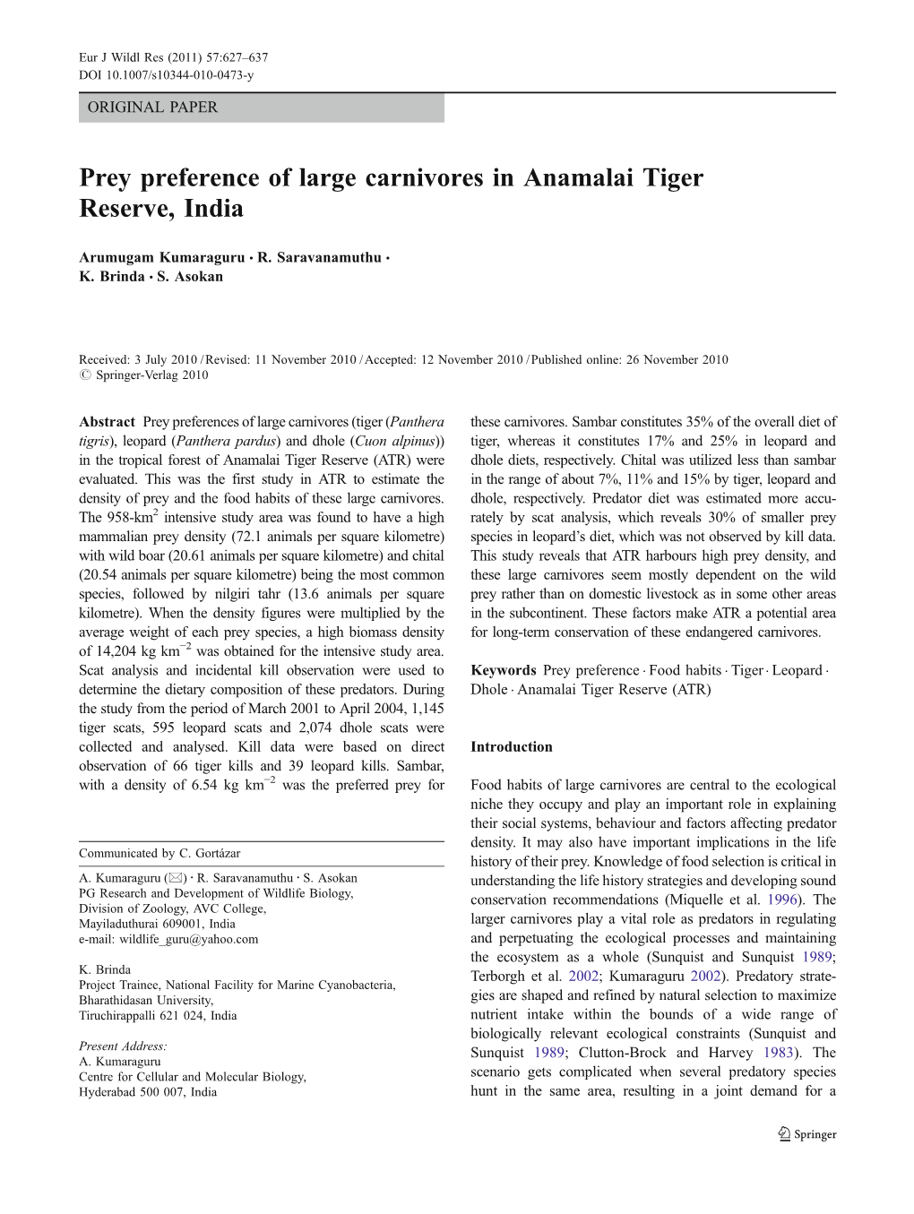 Prey Preference of Large Carnivores in Anamalai Tiger Reserve, India