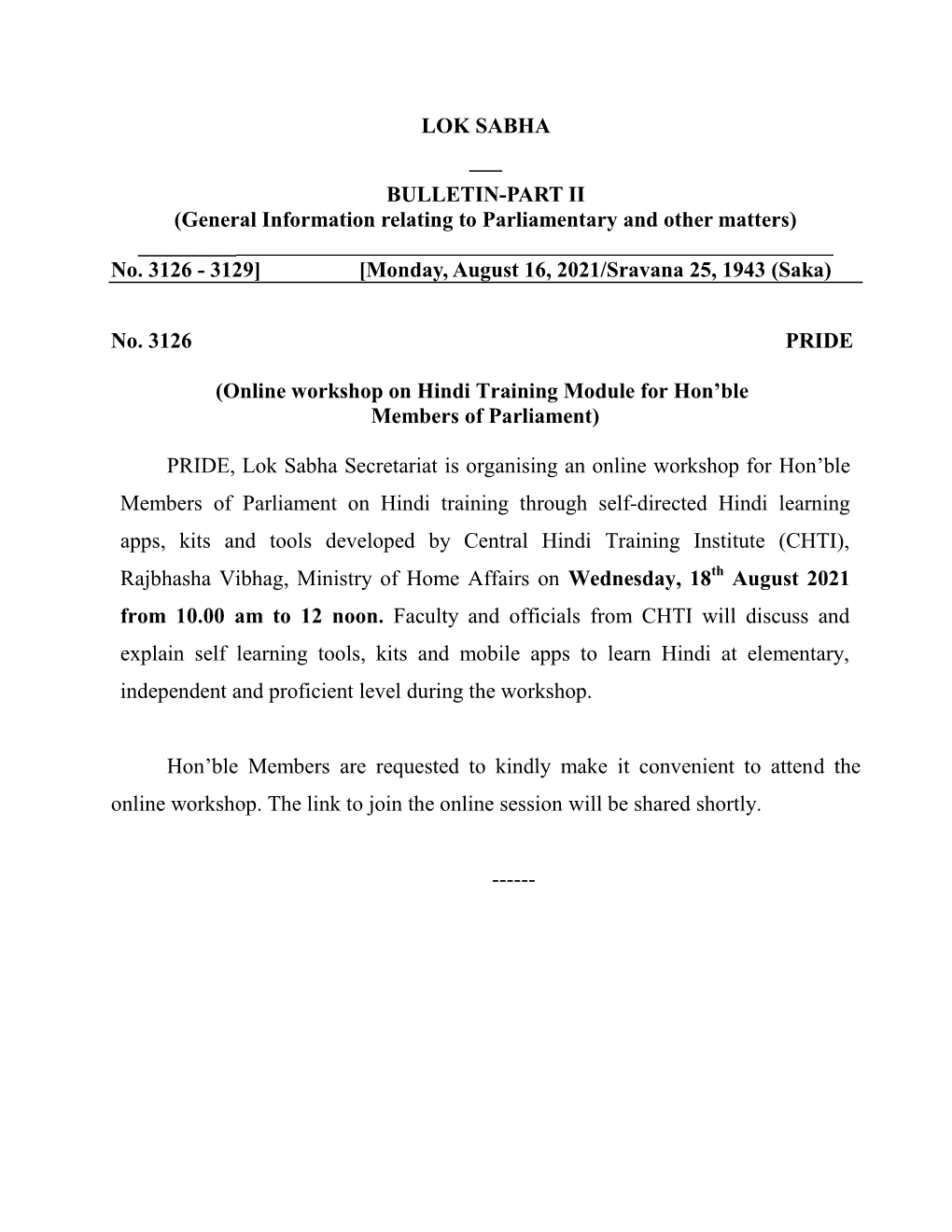 LOK SABHA ___ BULLETIN-PART II (General Information Relating to Parliamentary and Other Matters) ______No