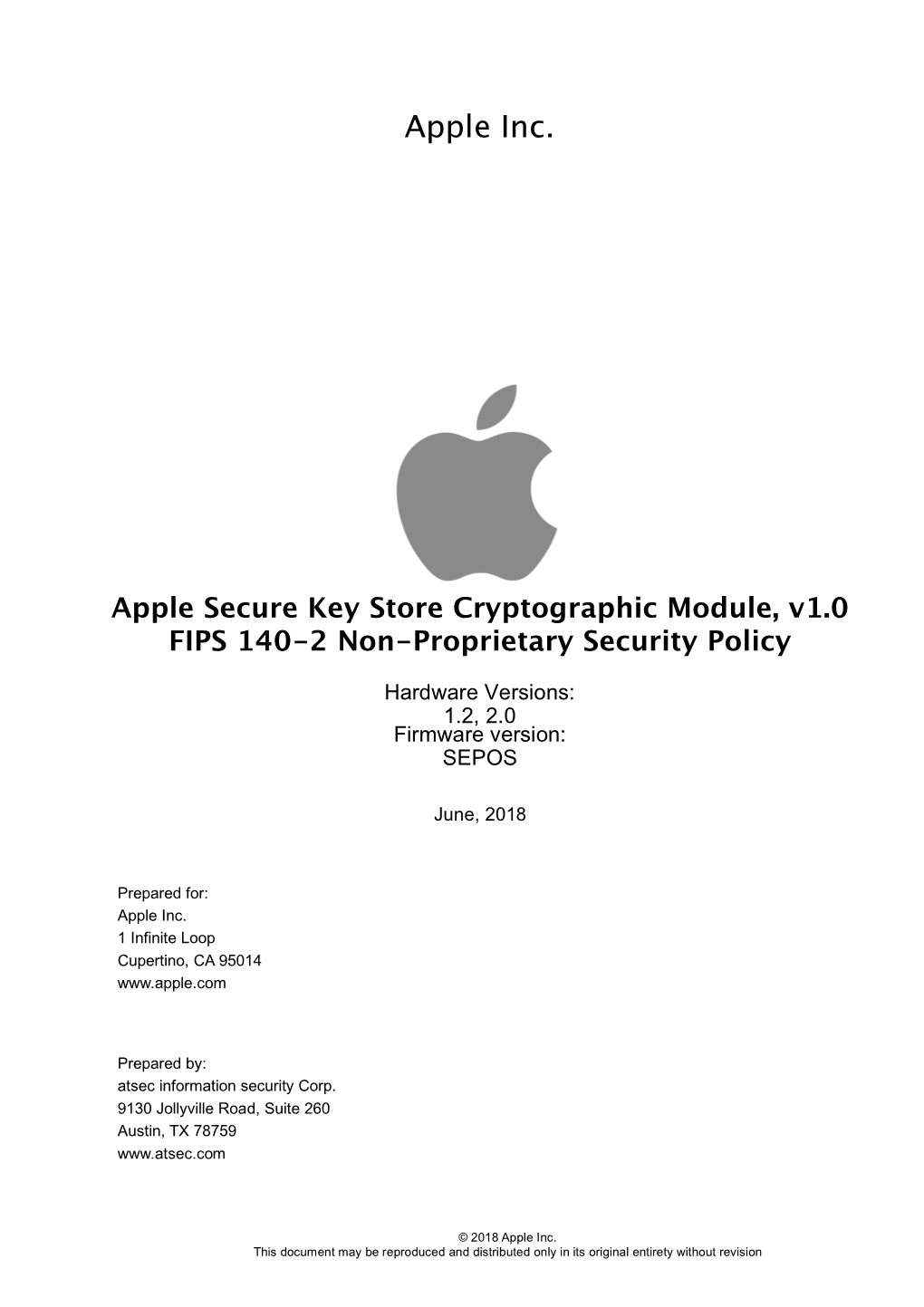 Apple Secure Key Store Cryptographic Module, V1.0 FIPS 140-2 Non-Proprietary Security Policy