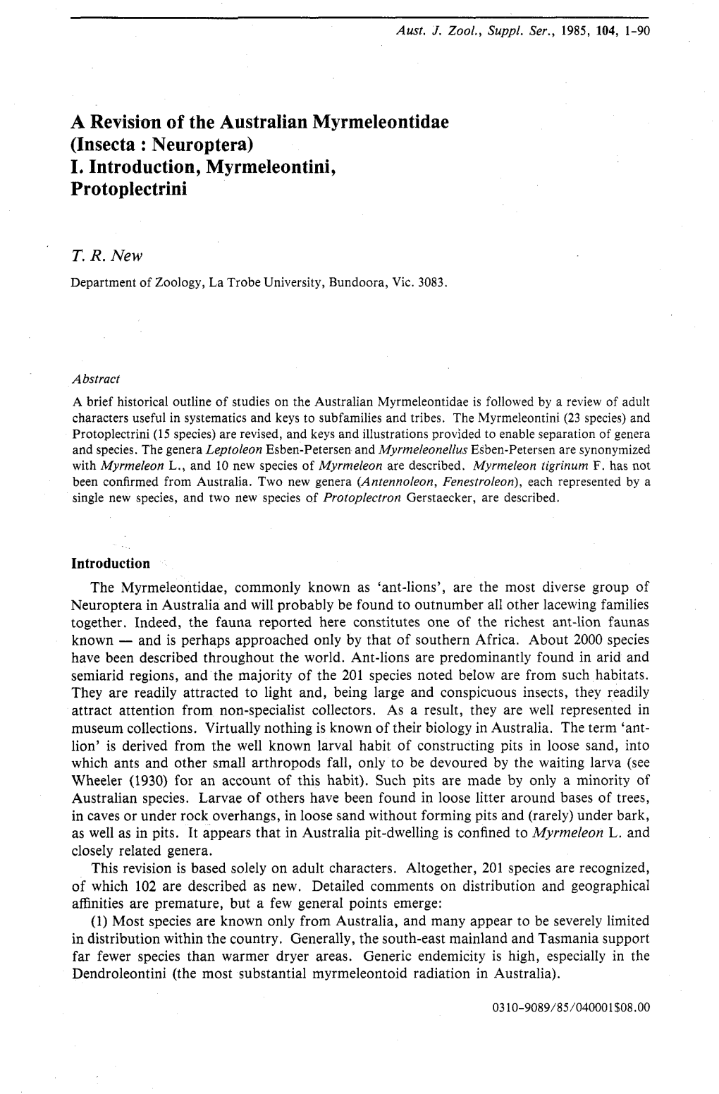 A Revision of the Australian Myrmeleontidae (Insecta : Neuroptera) I