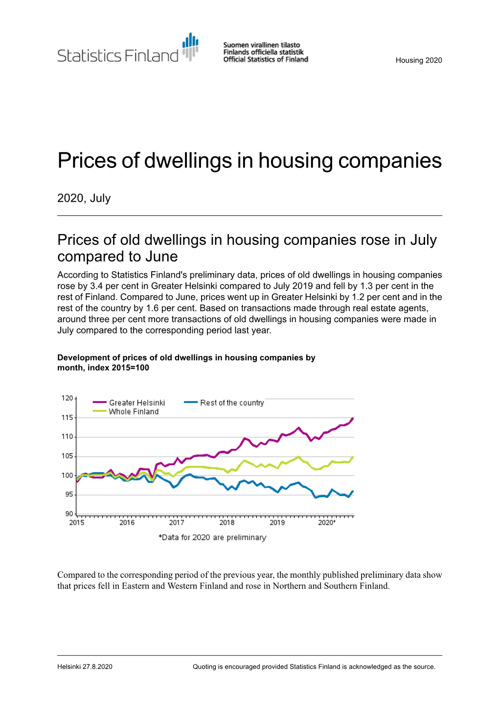Prices of Dwellings in Housing Companies 2020, July