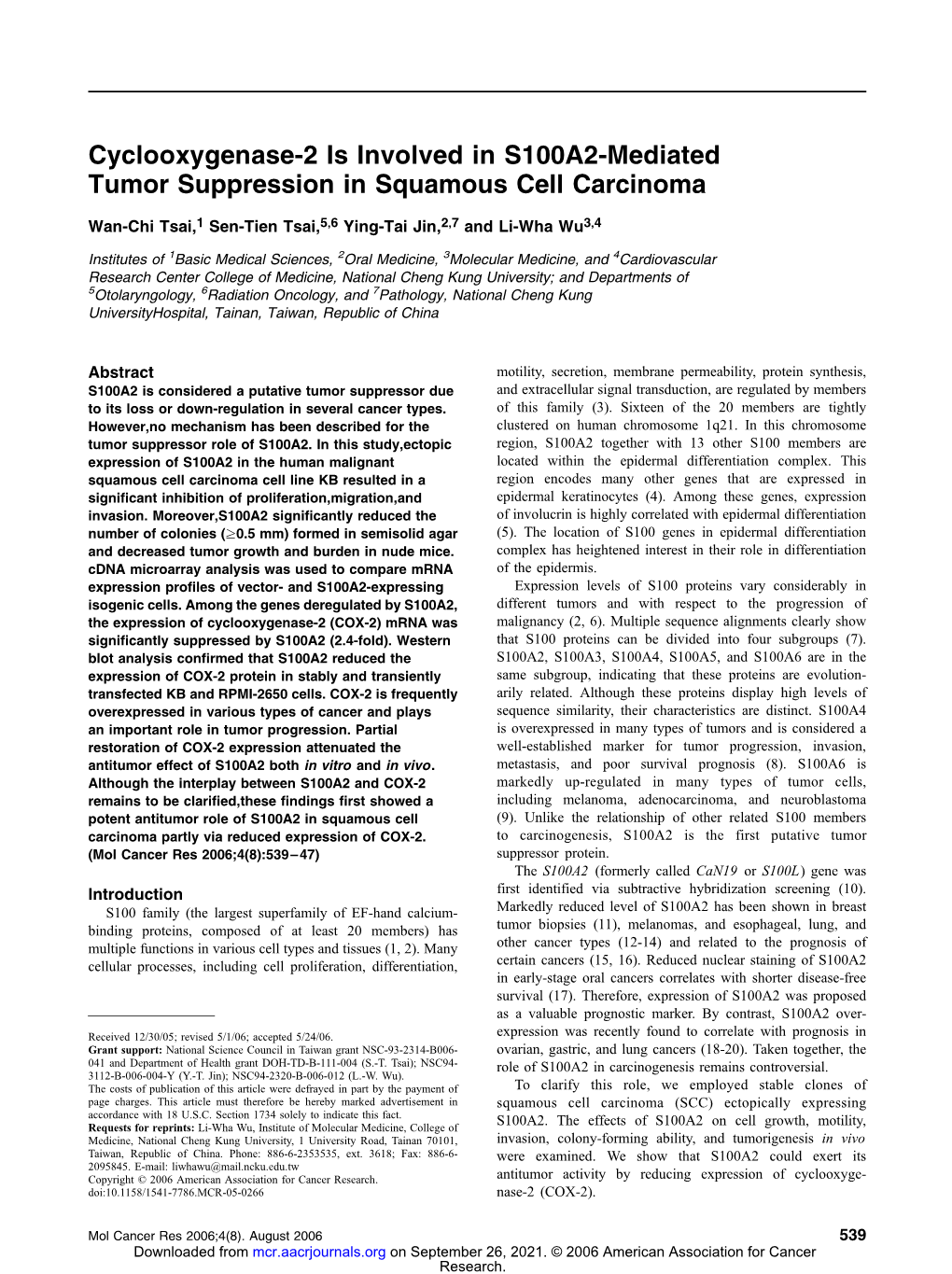 Cyclooxygenase-2 Is Involved in S100A2-Mediated Tumor Suppression in Squamous Cell Carcinoma