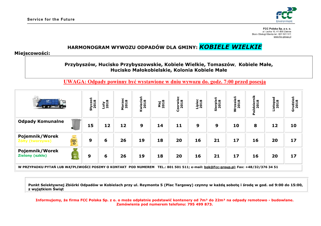 Harmonogram Odbioru Odpadów Komulnych W Gm. Kobiele Wielkie