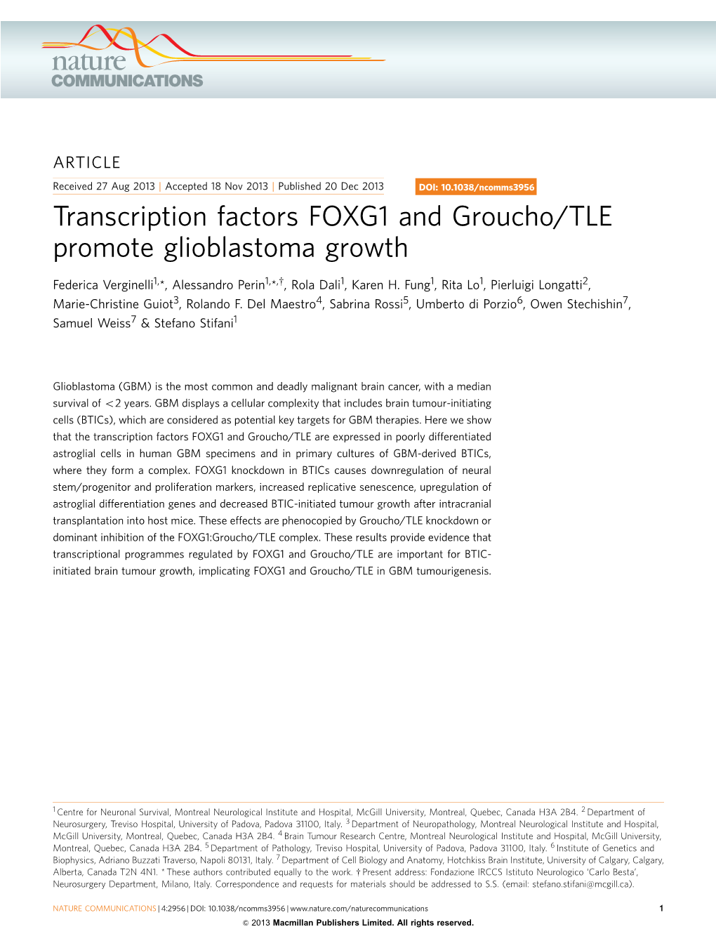 Transcription Factors FOXG1 and Groucho/TLE Promote Glioblastoma Growth