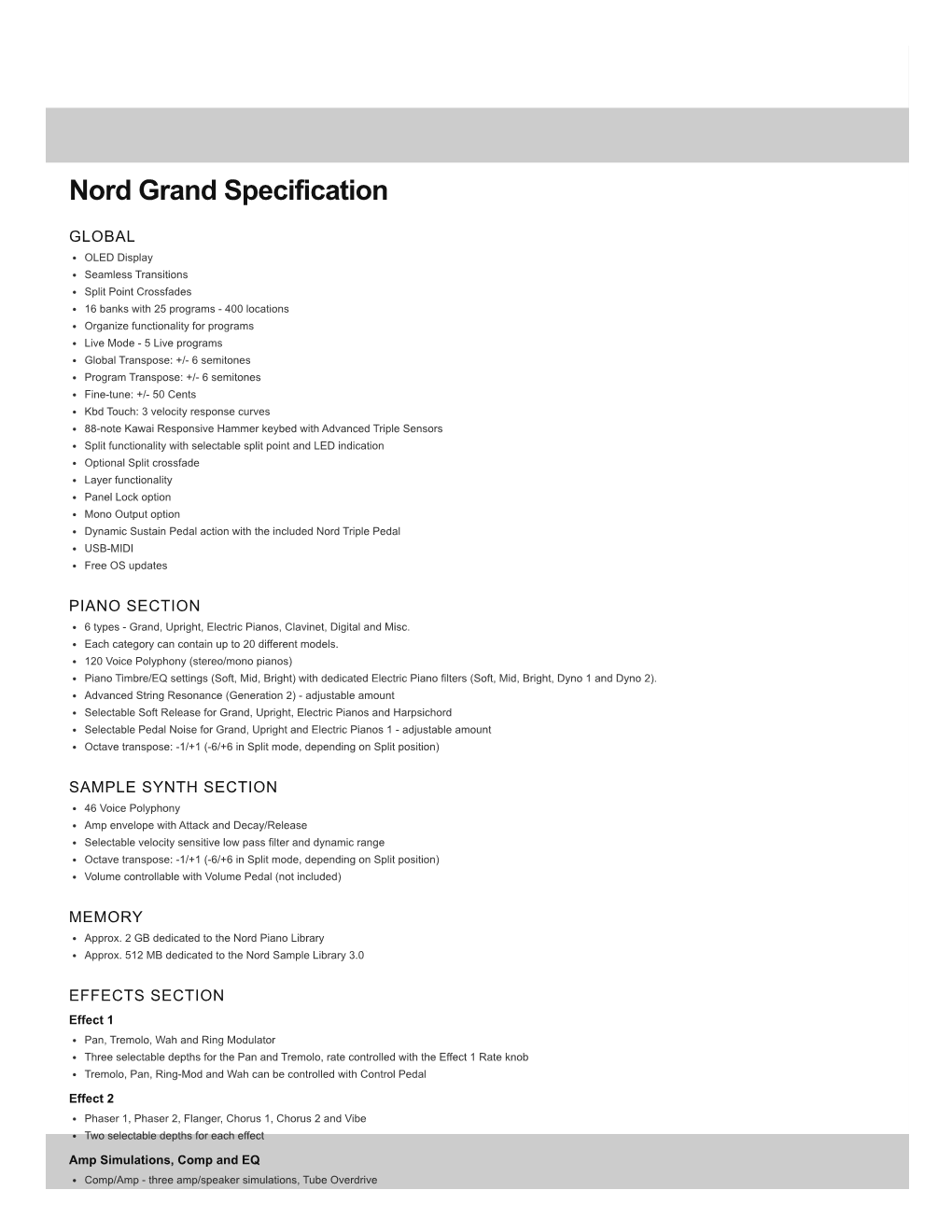 Nord Grand Spec Sheet
