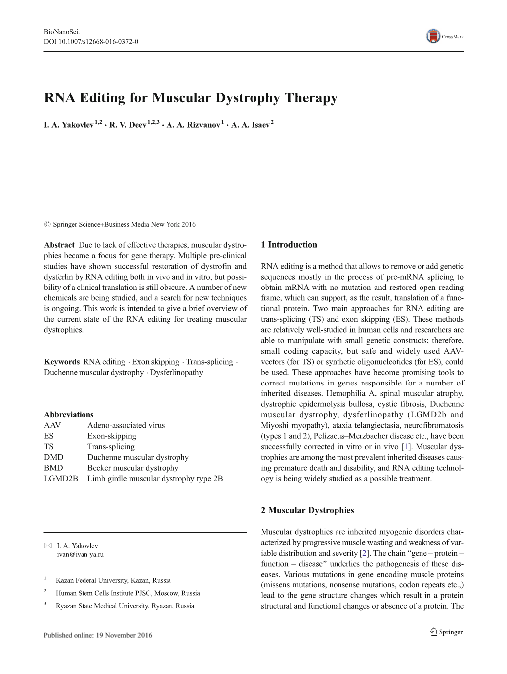 RNA Editing for Muscular Dystrophy Therapy