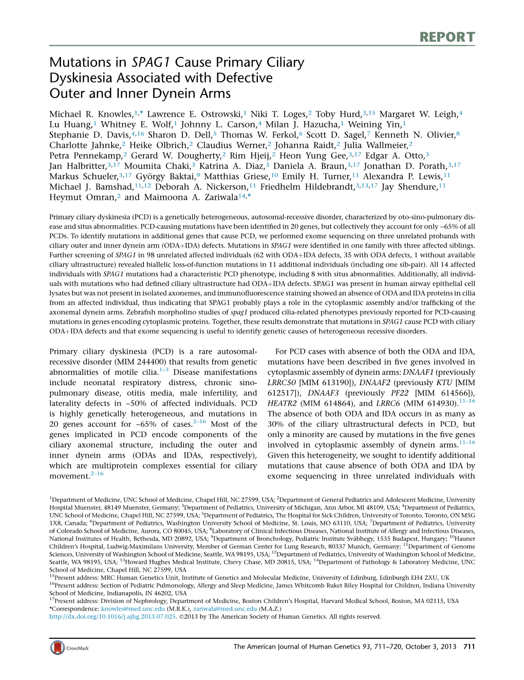 Mutations in SPAG1 Cause Primary Ciliary Dyskinesia Associated with Defective Outer and Inner Dynein Arms